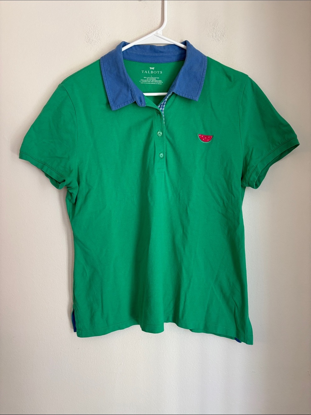 Talbots women’s Green Polo Top Blue gingham Collar embroidered Watermelon Large